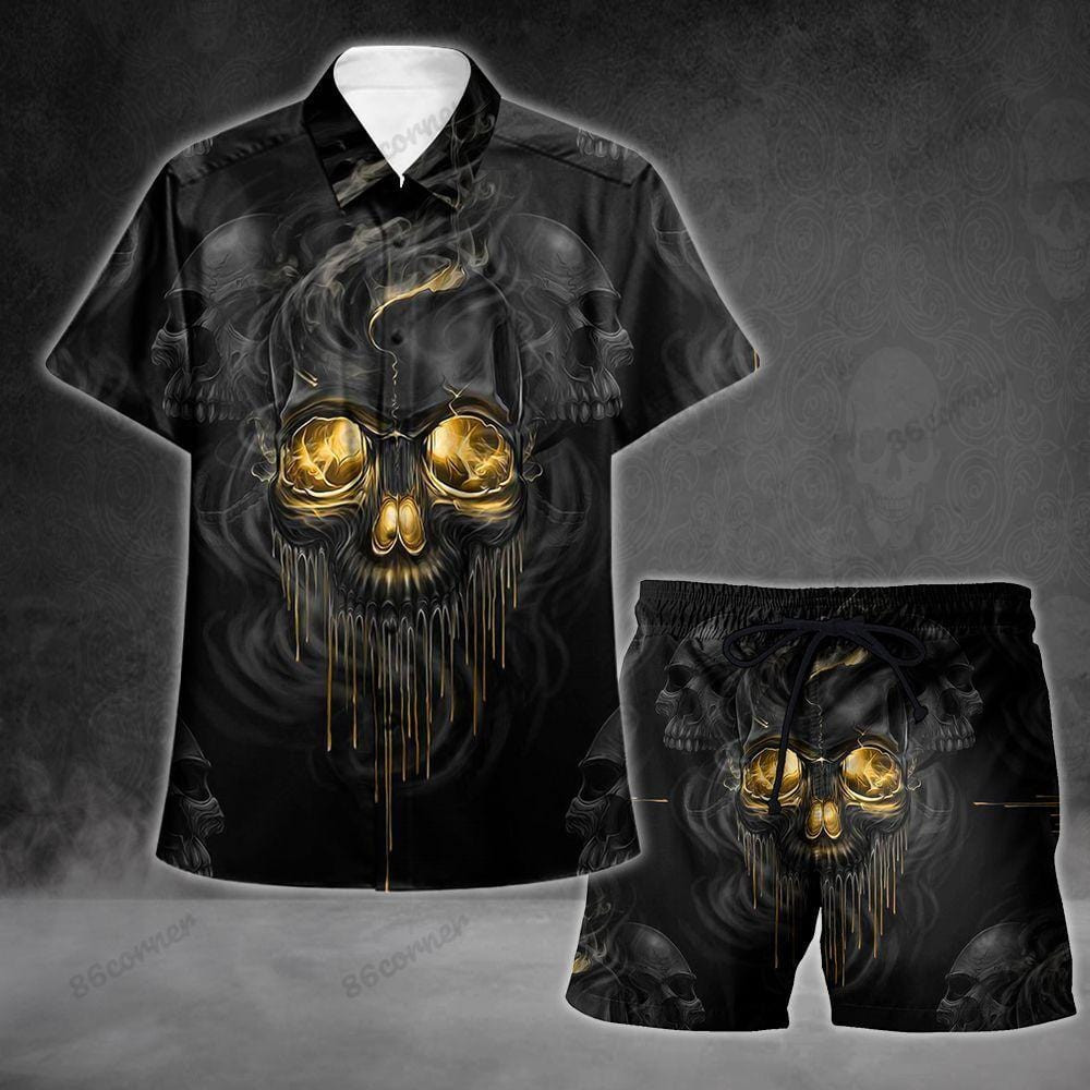 Golden Skull Gothic Grim Reaper Summer Hawaiian Shirts Swim Trunks Beach Shorts