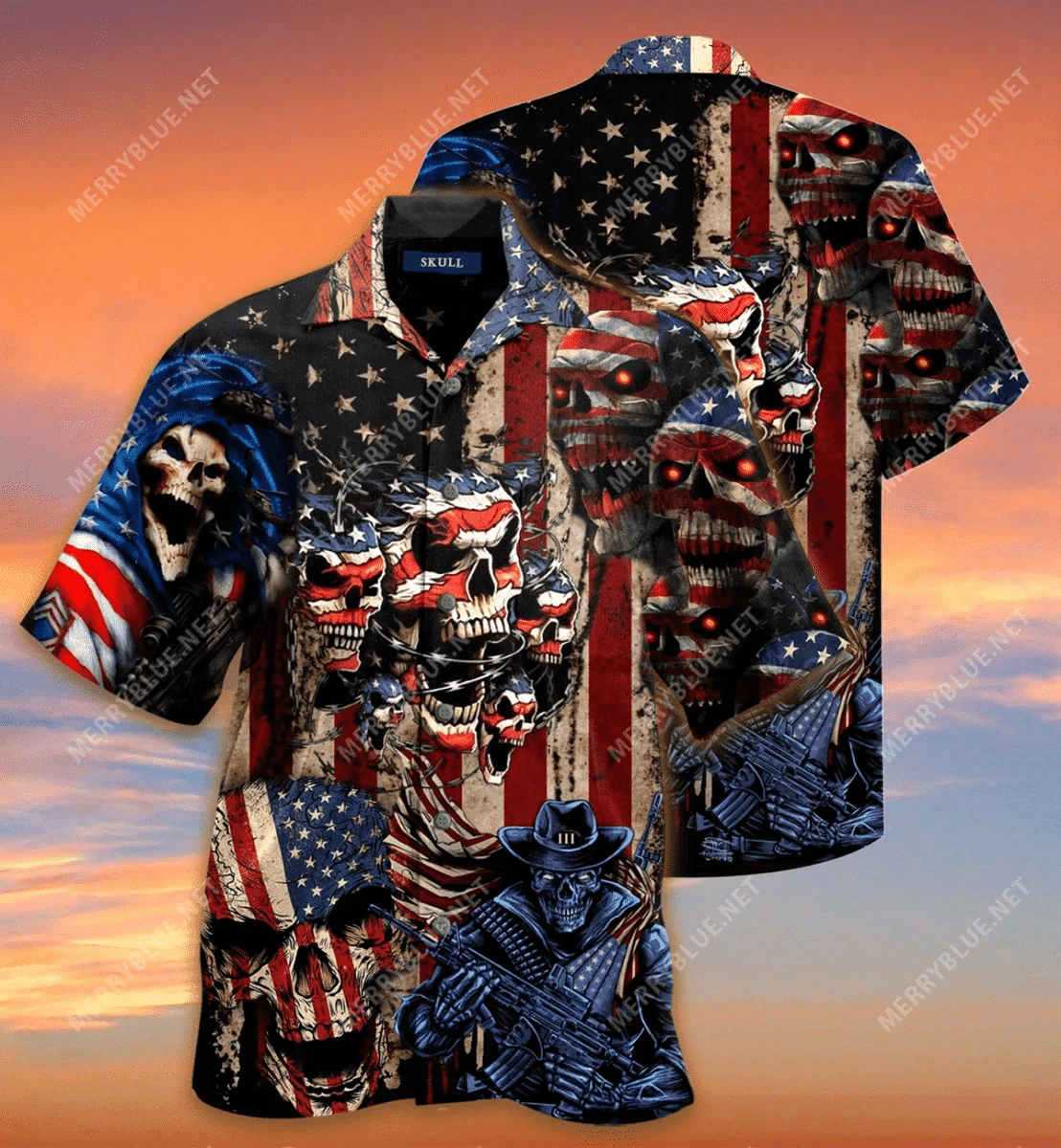 Skull American Flag Cowboy Hawaiian Aloha Shirts V