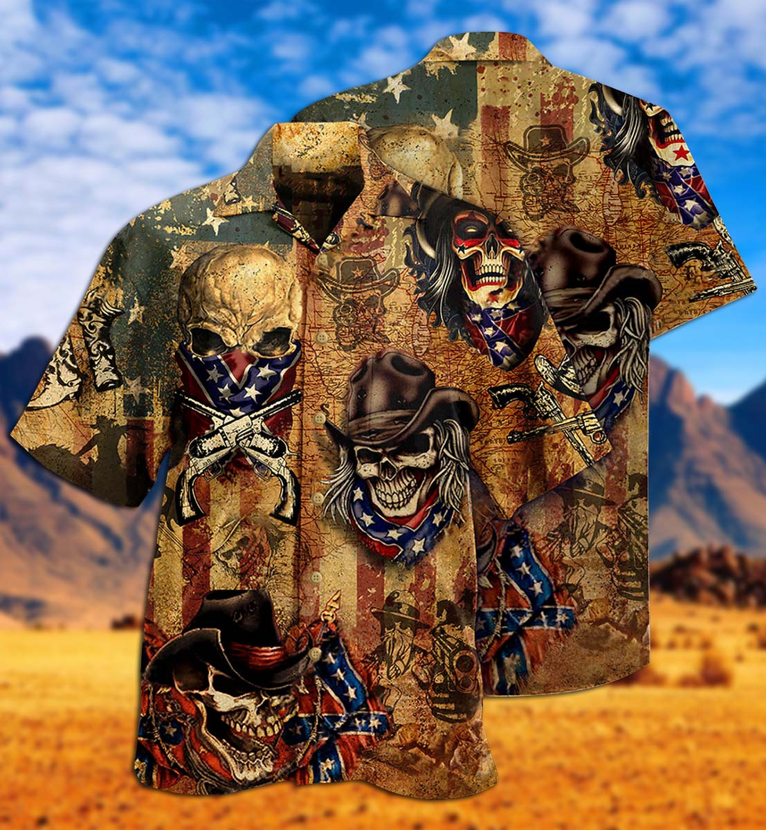 Skull Cowboy Flag Hawaiian Aloha Shirts Kv