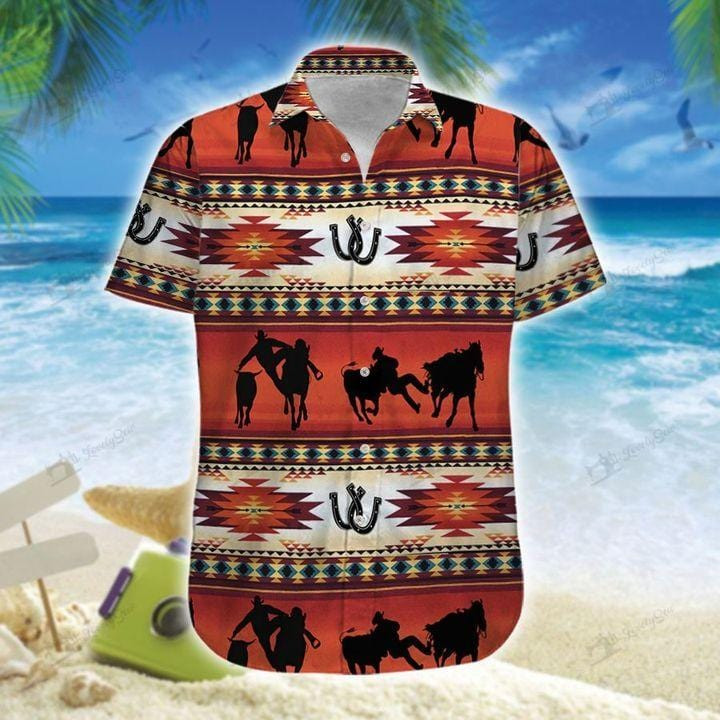 Steer Wrestling Red Pattern Unisex Hawaiian Shirts - Beach Shorts