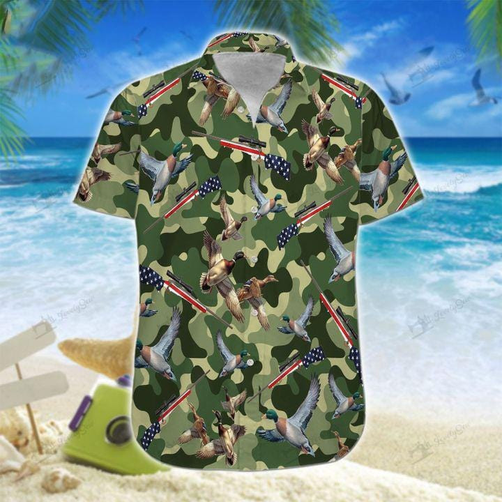 Suns Up Guns Up Duck Hunter Green Camo Pattern Unisex Hawaiian Shirts - Beach Shorts