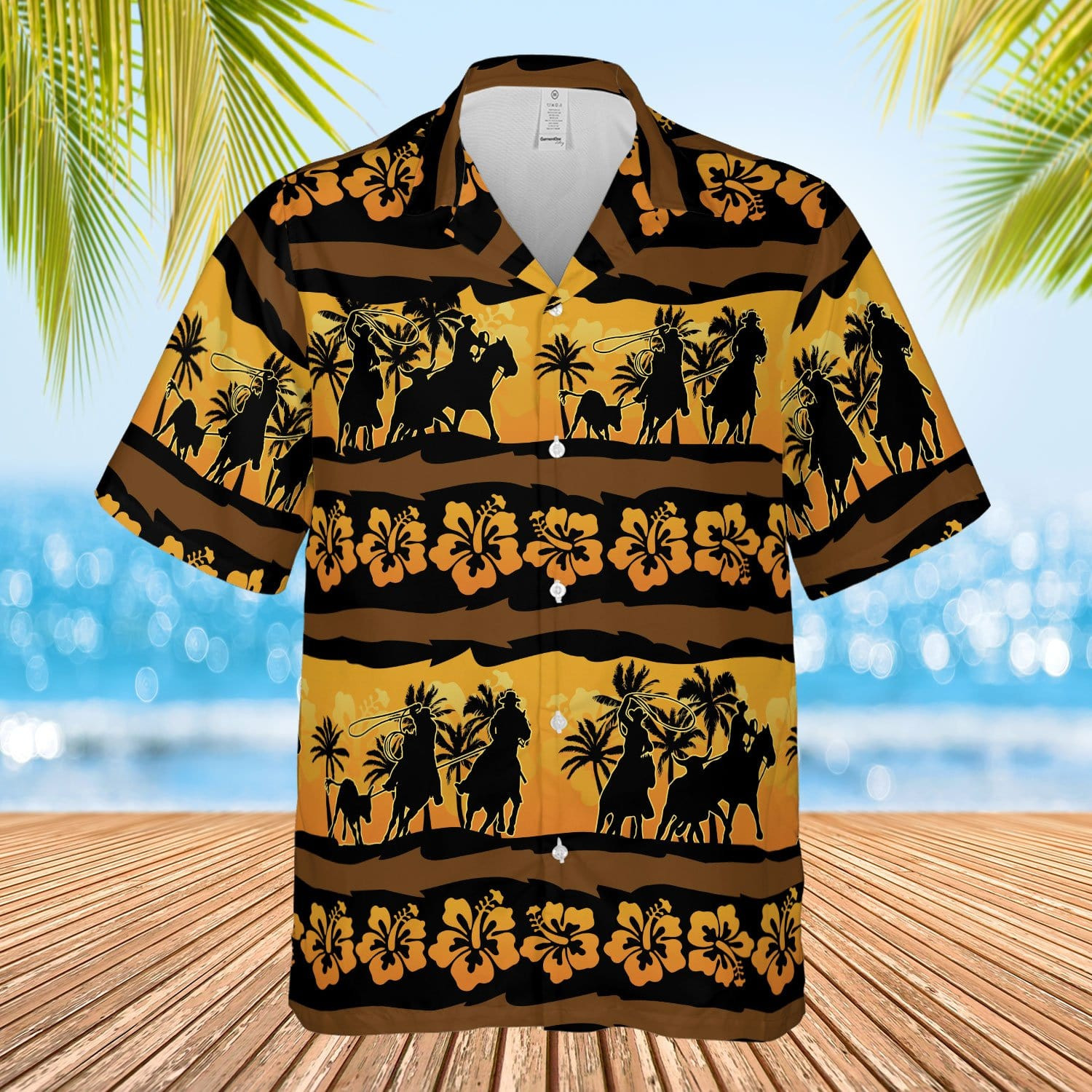 Team Roping Hibiscus Yellow Black Unisex Hawaiian Shirts - Beach Shorts 020721H