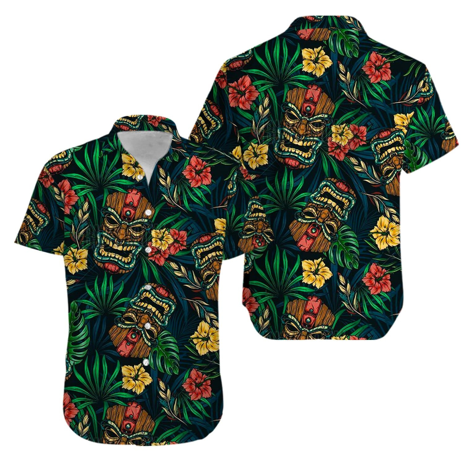 Tiki Tropical Leaves Aloha Hawaiian Shirts V