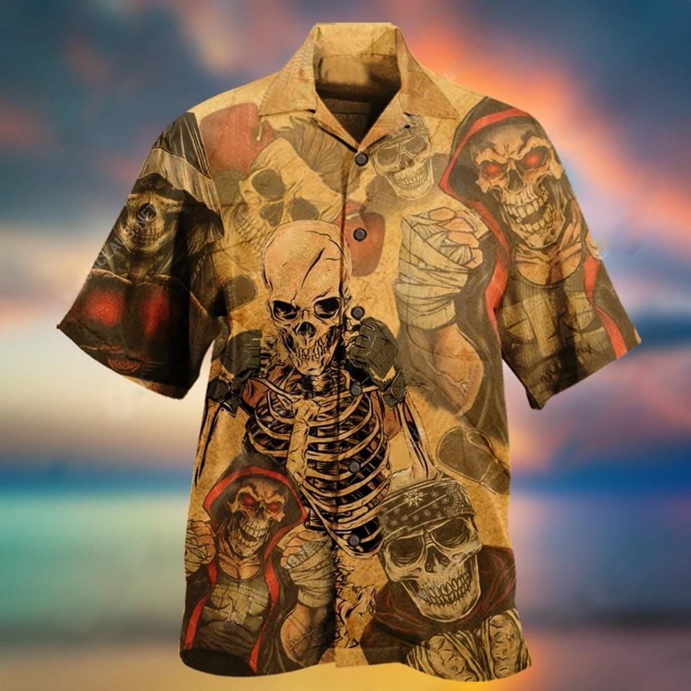 Vintage Skull Boxing King Hawaiian Aloha Shirts Dh