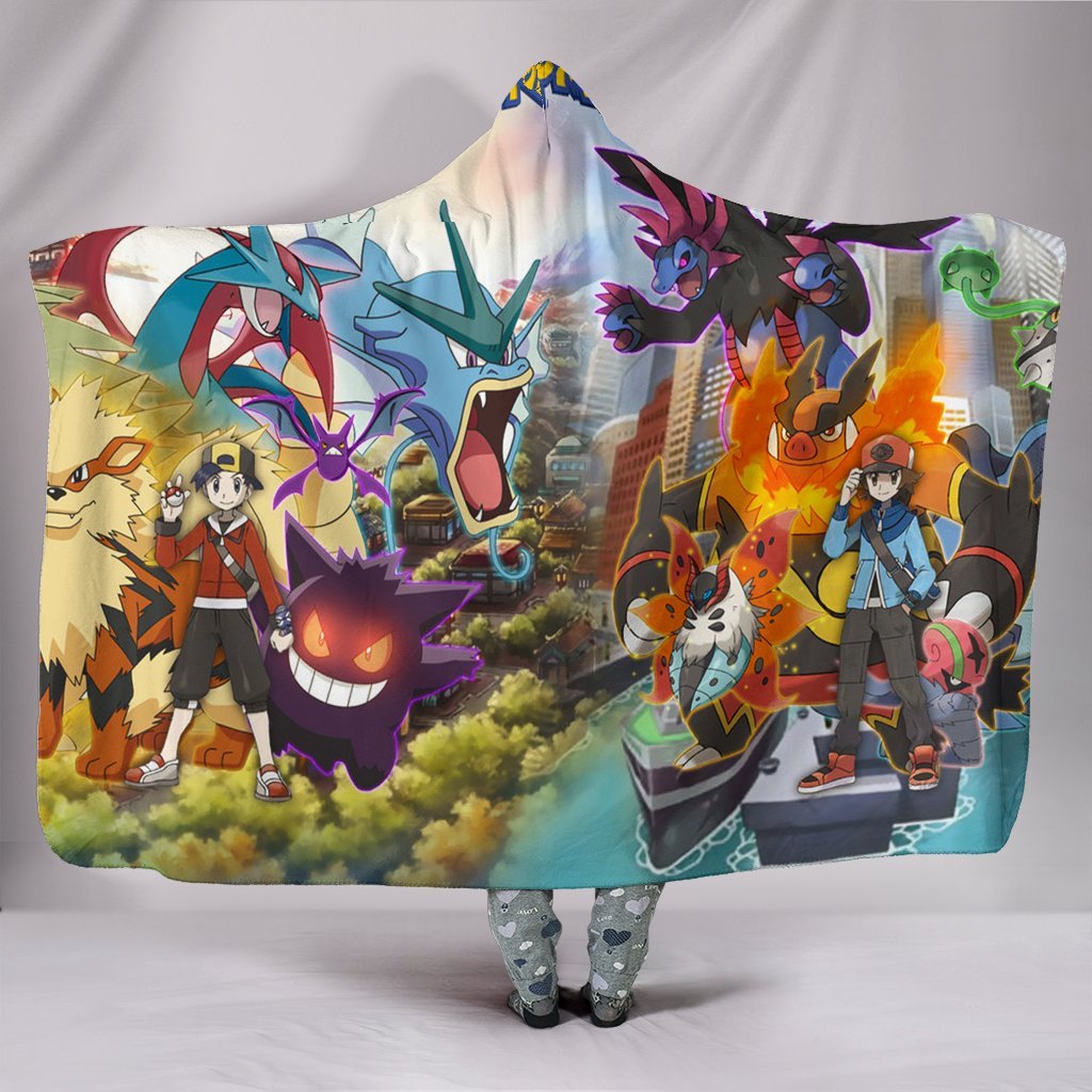 Pokemon Characters Hooded Blanket - Two Boys Green  Blanket