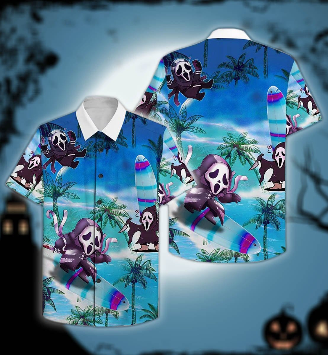 Halloween Funny Ghostface Surfing Tropical Island Hawaiian Aloha Shirts Dh