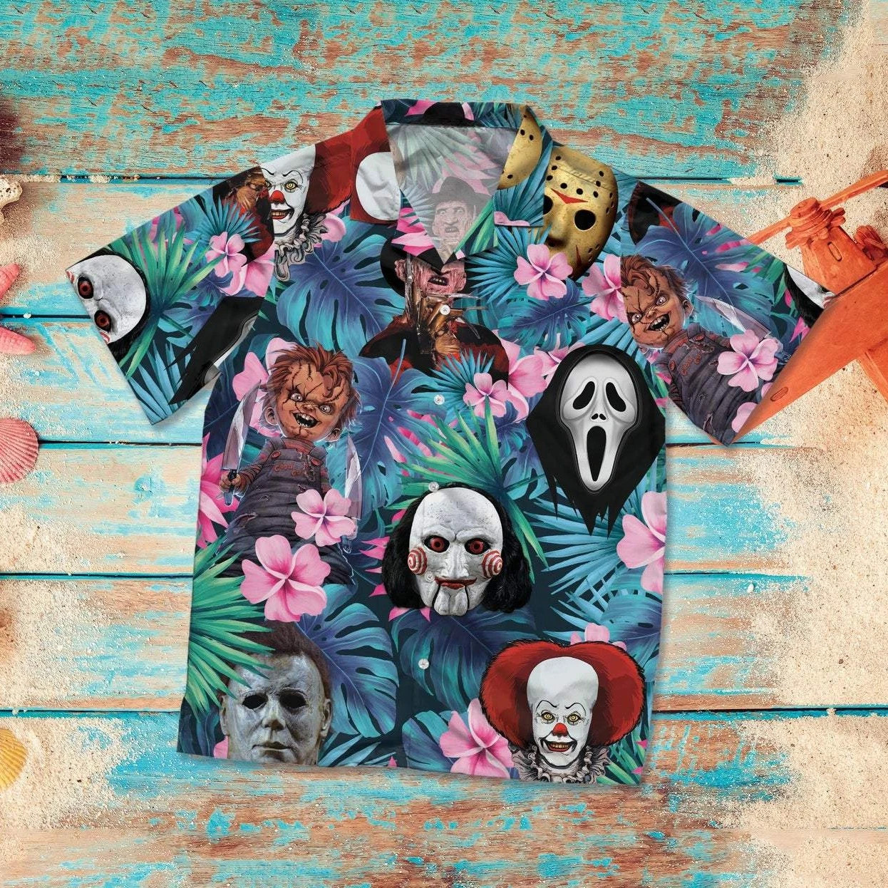 Halloween Horror Serial Killers Tropical Blue Hawaiian Aloha Shirts