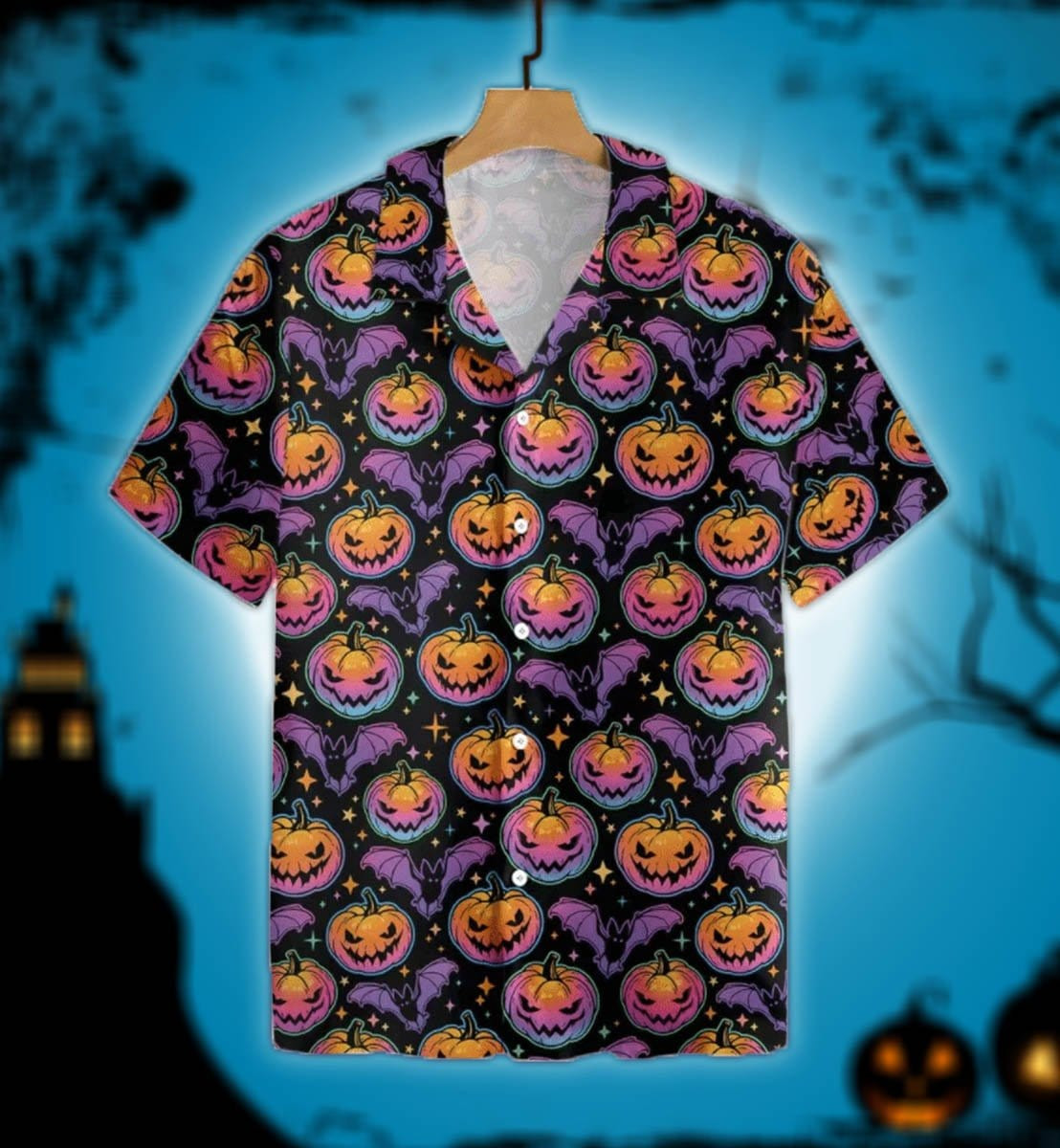 Halloween Purple Glowing Scary Evil Pumkins Abtract Hawaiian Aloha Shirts