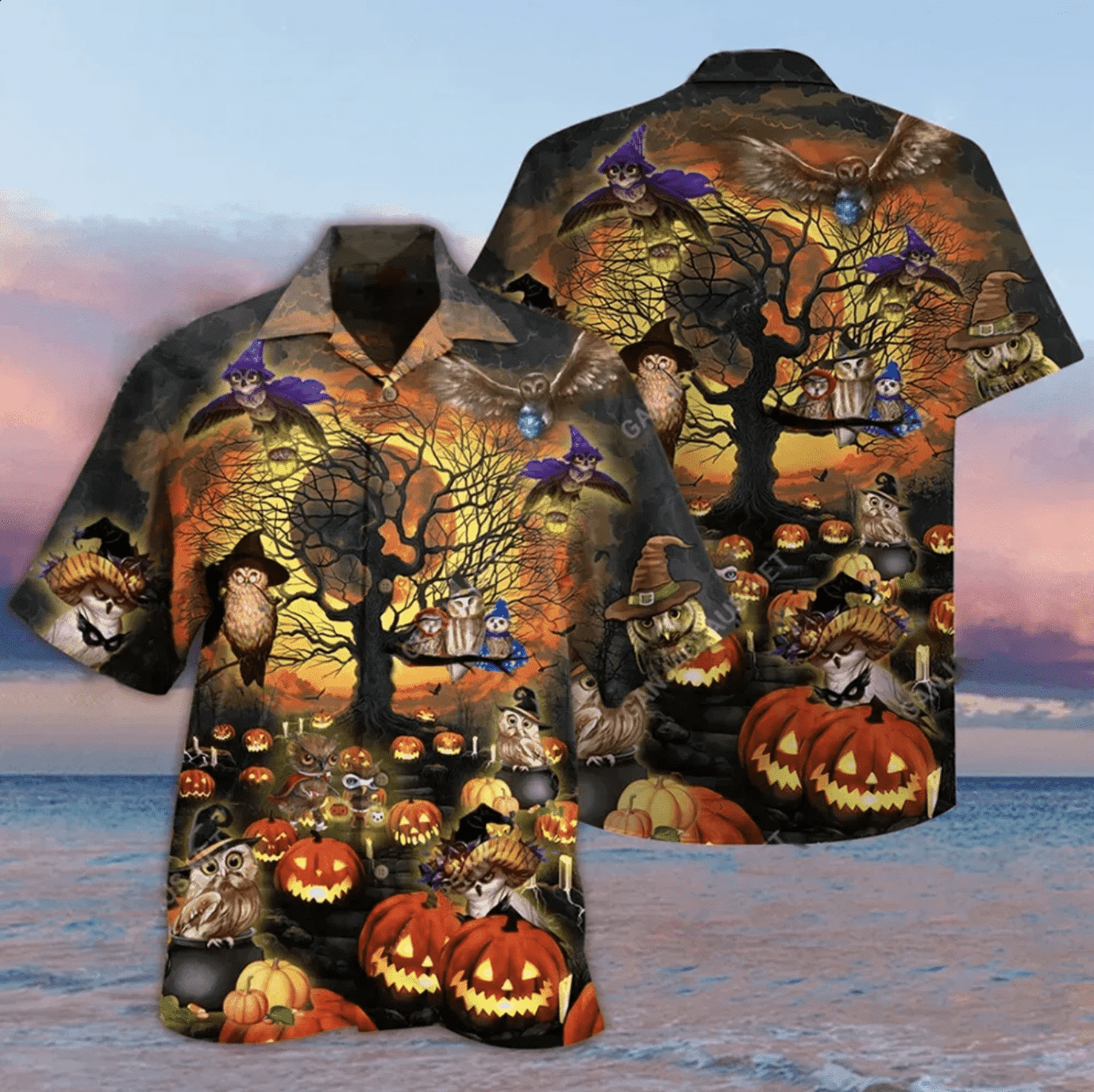 Halloween The Witch Owls Having Fun With Evil Pumkins Hawaiian Aloha Shirts Dh
