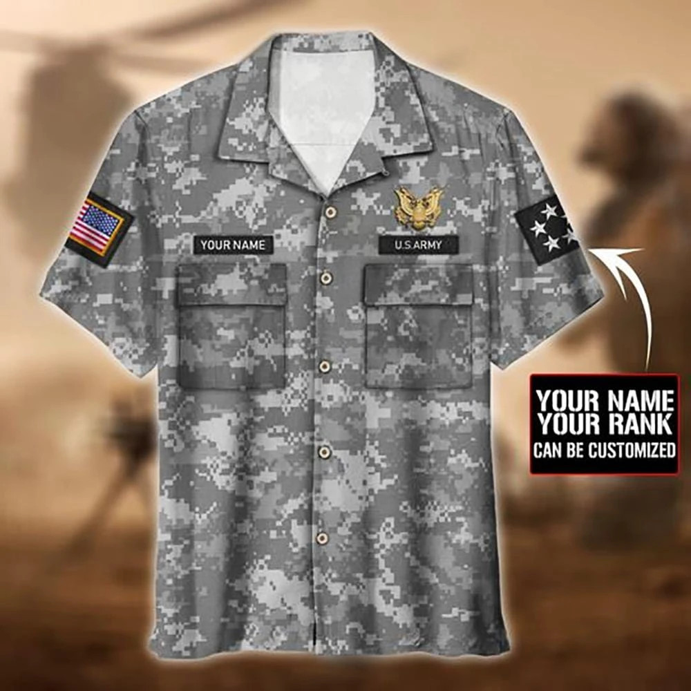 Hawaiian Aloha Shirts - Beach Shorts Veteran Us Army Camo Custom Name Rank Kv