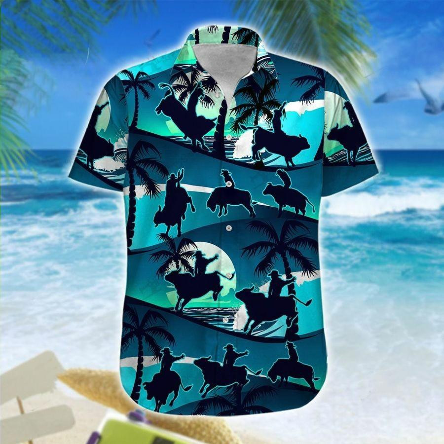 Hawaiian Aloha Shirts Bull Riding Blue Palm