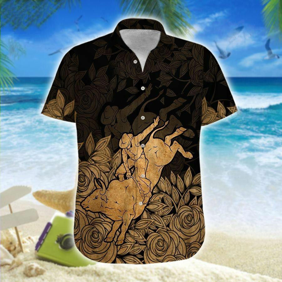 Hawaiian Aloha Shirts Bull Riding Brown Art