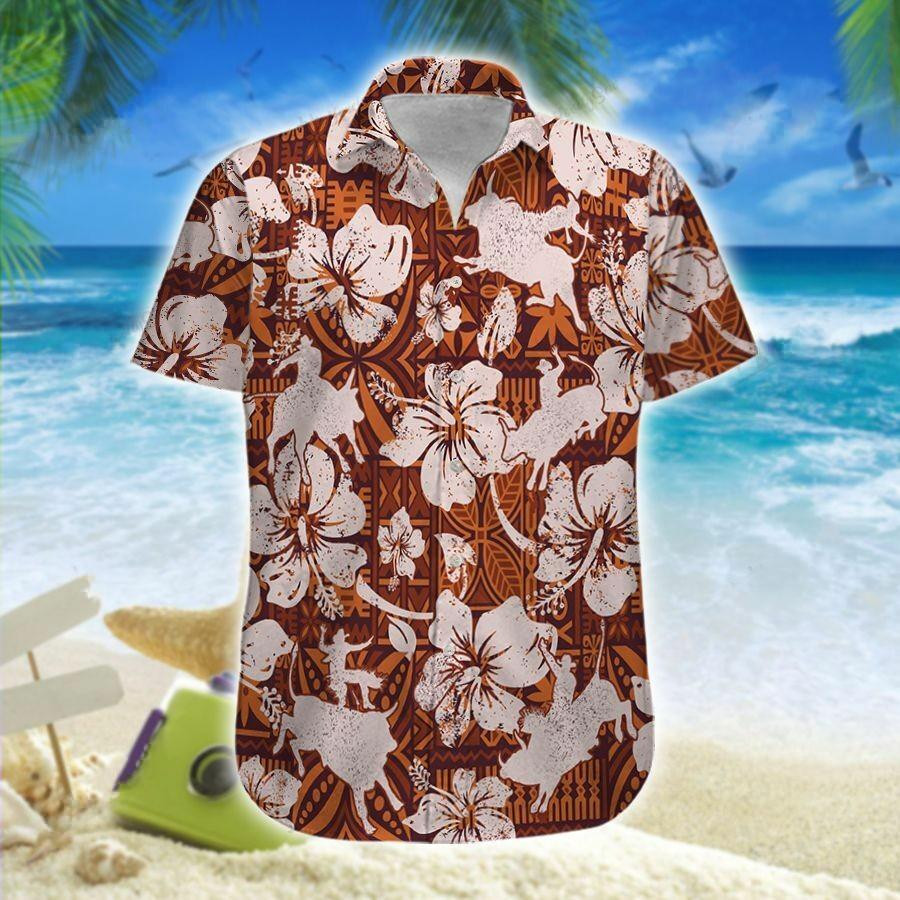 Hawaiian Aloha Shirts Bull Riding Brown Hibiscus