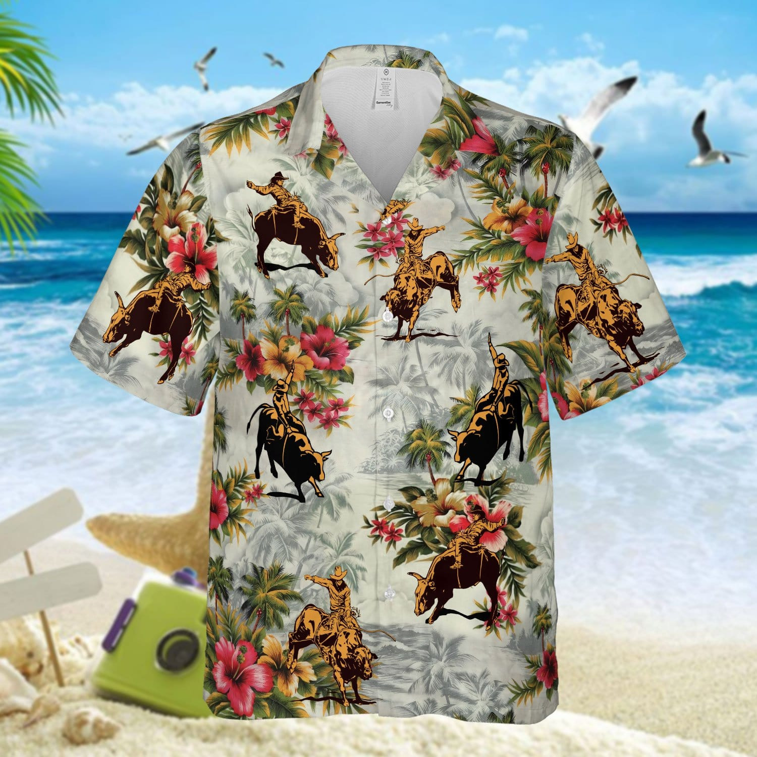 Hawaiian Aloha Shirts Bull Riding Flowers Hawaii 8621H