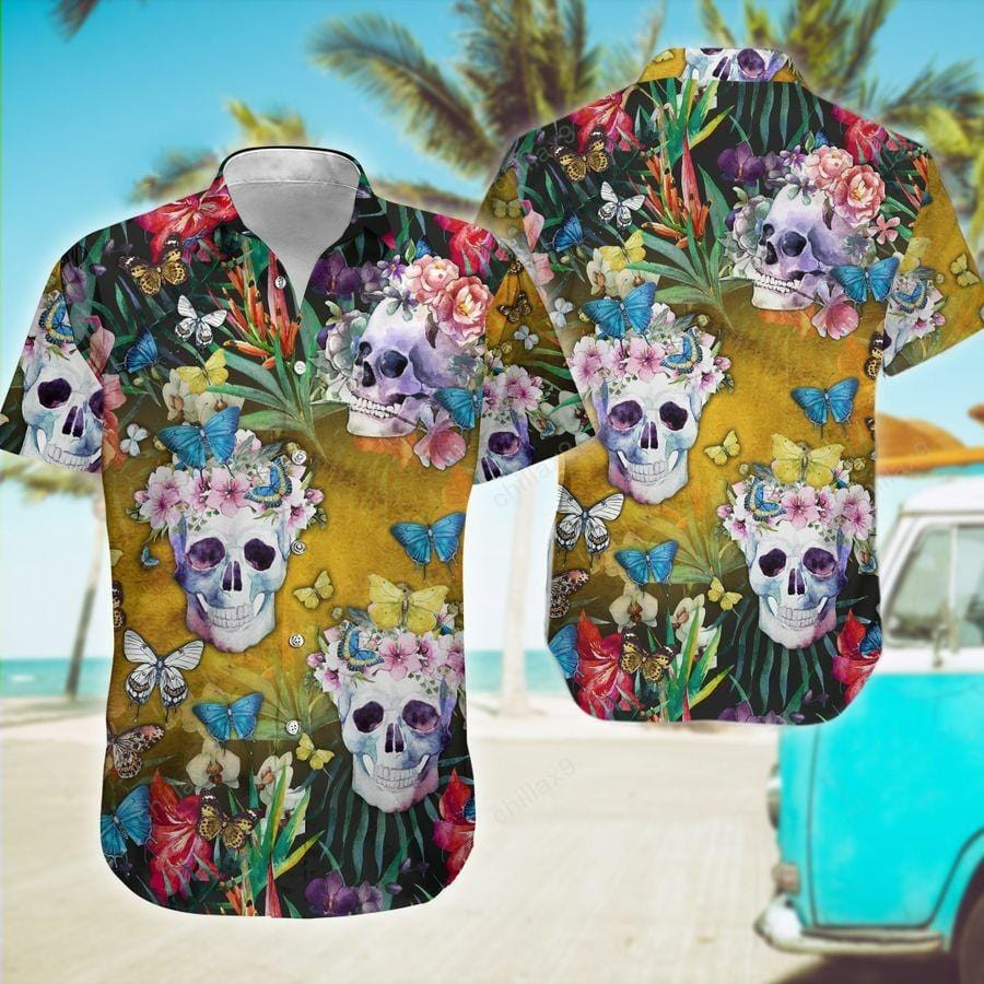 Hawaiian Aloha Shirts Floral Skull Butterflies