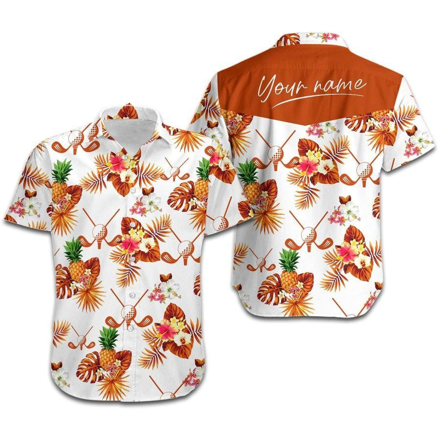 Hawaiian Aloha Shirts Golf Orange Tropical Floral Custom Name