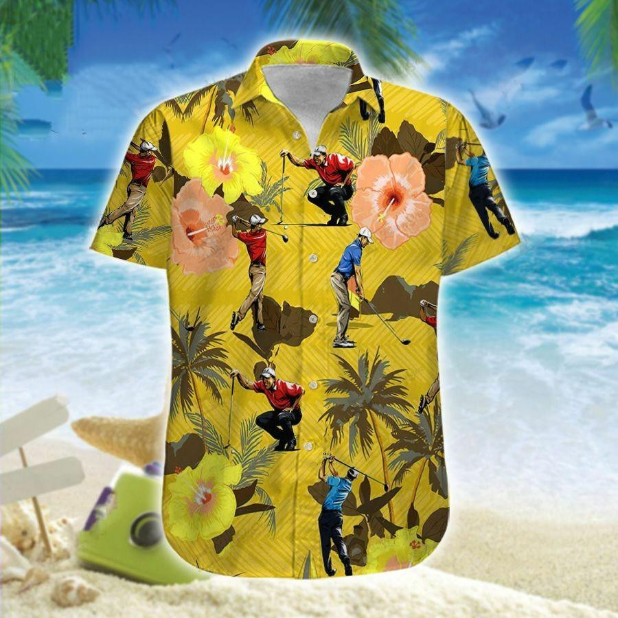Hawaiian Aloha Shirts Golf Players Yellow Hibiscus