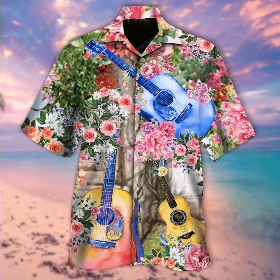 Hawaiian Aloha Shirts Guitar And Rose Garden