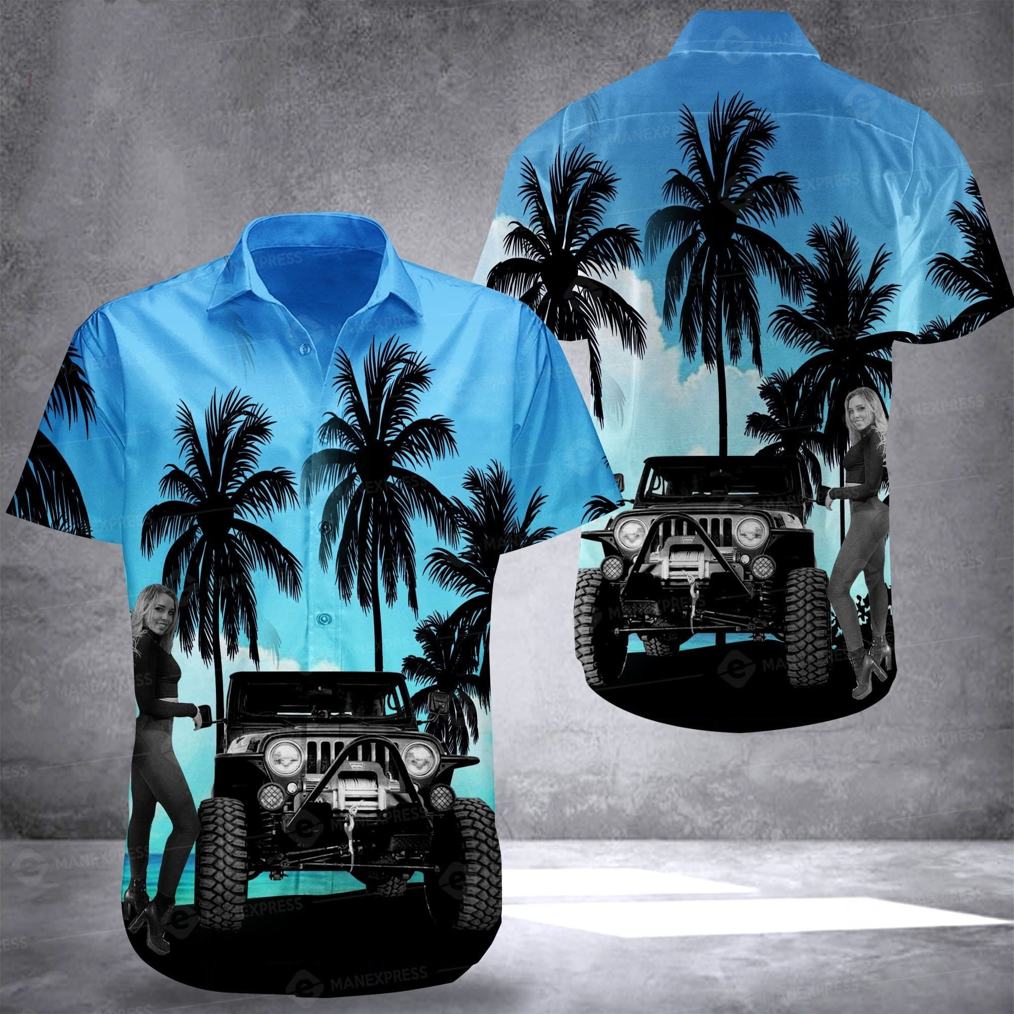 Hawaiian Aloha Shirts Jeep Girl Palm Tree