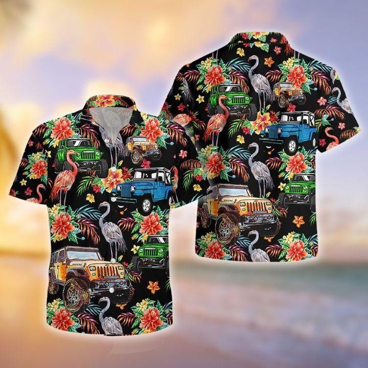 Hawaiian Aloha Shirts Jeep Summer Flamingo
