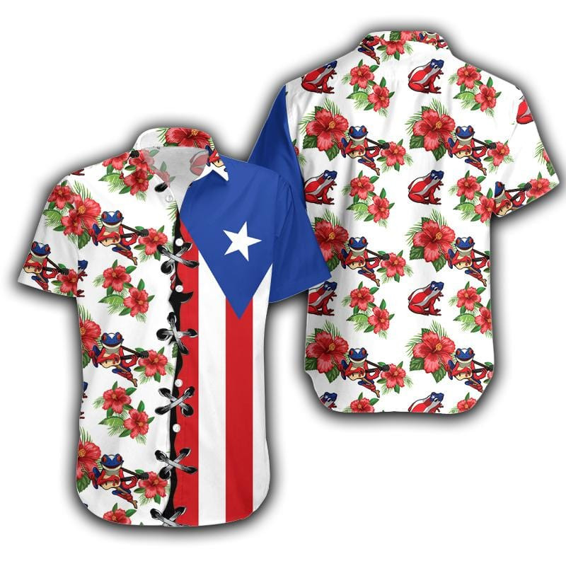 Hawaiian Aloha Shirts Puerto Rico Flag Hibiscus Coqui Frog 180521L