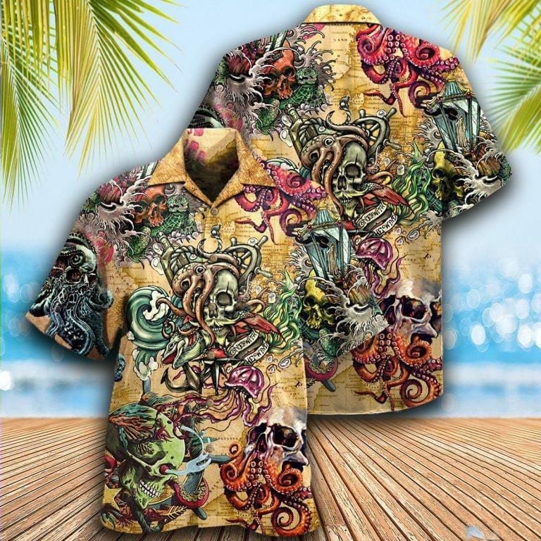 Hawaiian Aloha Shirts Skull Octopus Into The Sea
