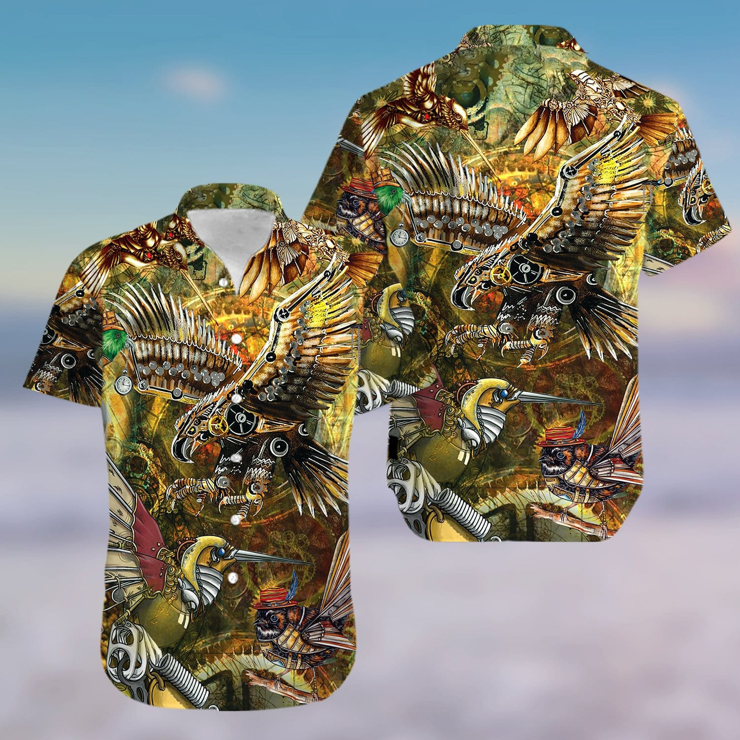 Hawaiian Aloha Shirts Steampunk Birds 1004Kv