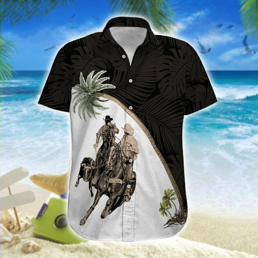 Hawaiian Aloha Shirts Team Roping Black And White Palm Tree