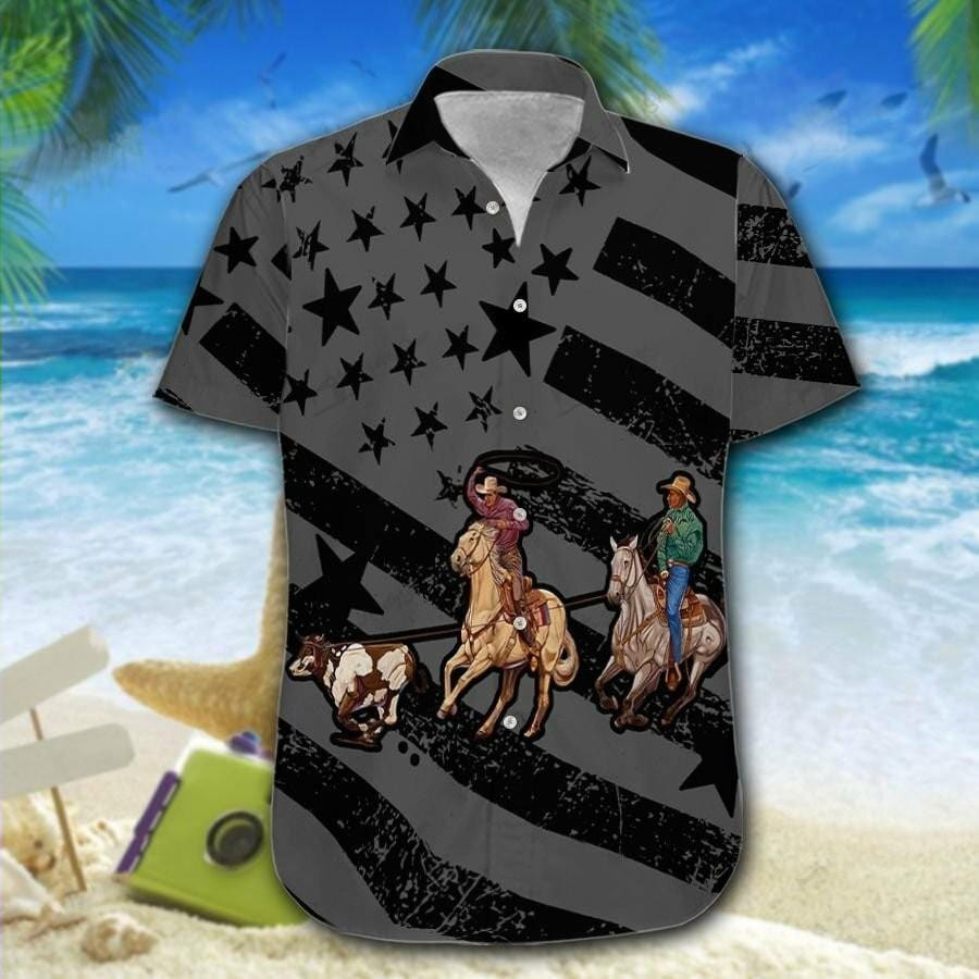 Hawaiian Aloha Shirts Team Roping Flag Black