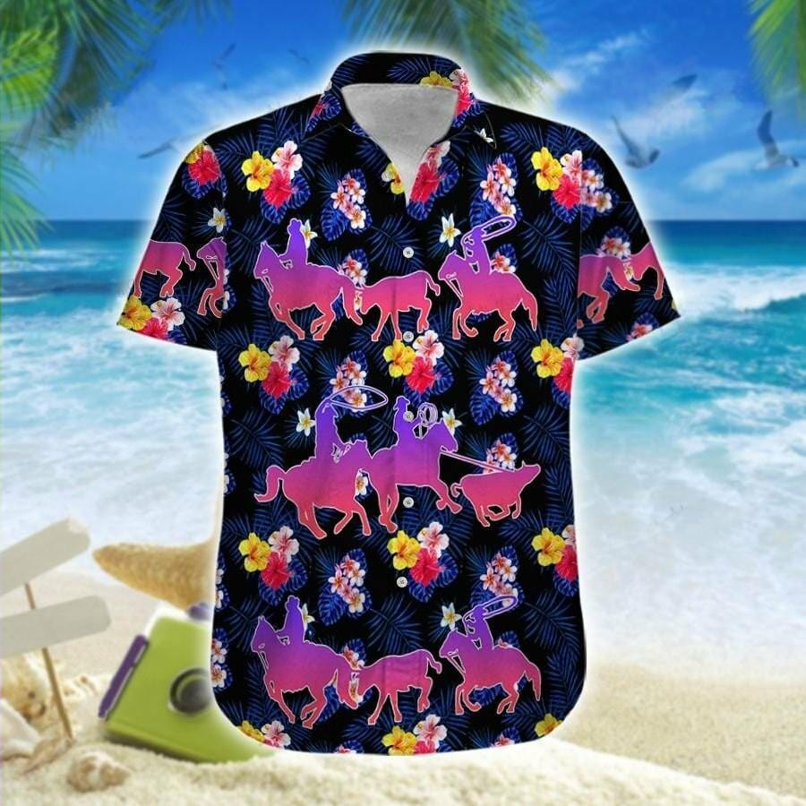 Hawaiian Aloha Shirts Team Roping Hibiscus Colorful