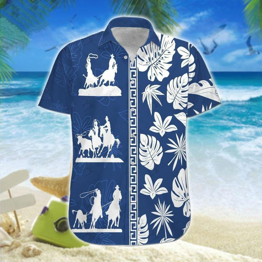Hawaiian Aloha Shirts Team Roping White Leaves