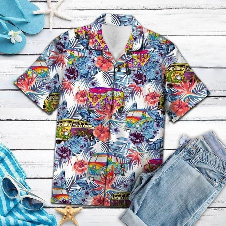 Hippie Van Truck Colorful Tropical Hawaiian Aloha Shirts Dh