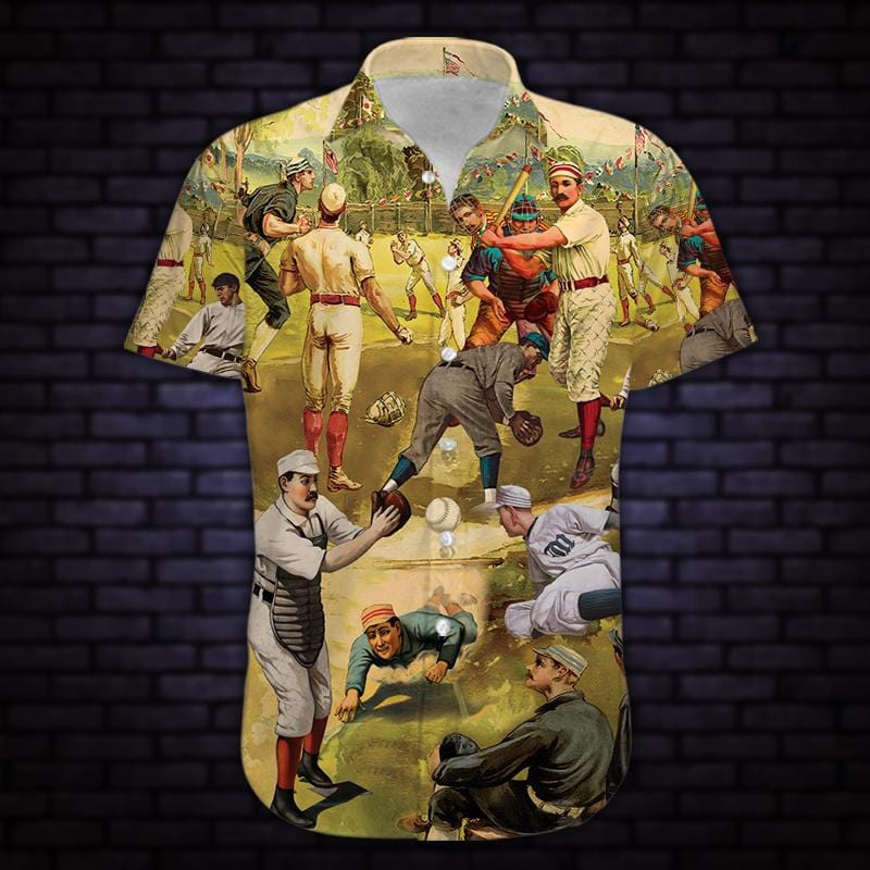 Hit Hard Run Fast Turn Left Vintage Baseball Unisex Hawaiian Aloha Shirts