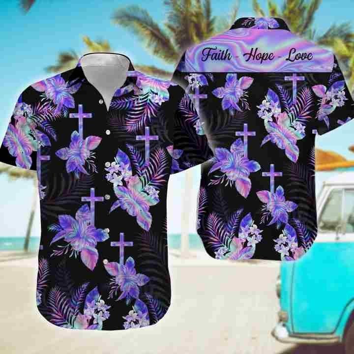 Hologram Flower Of God Faith Hope Love Hawaiian Aloha Shirt Va