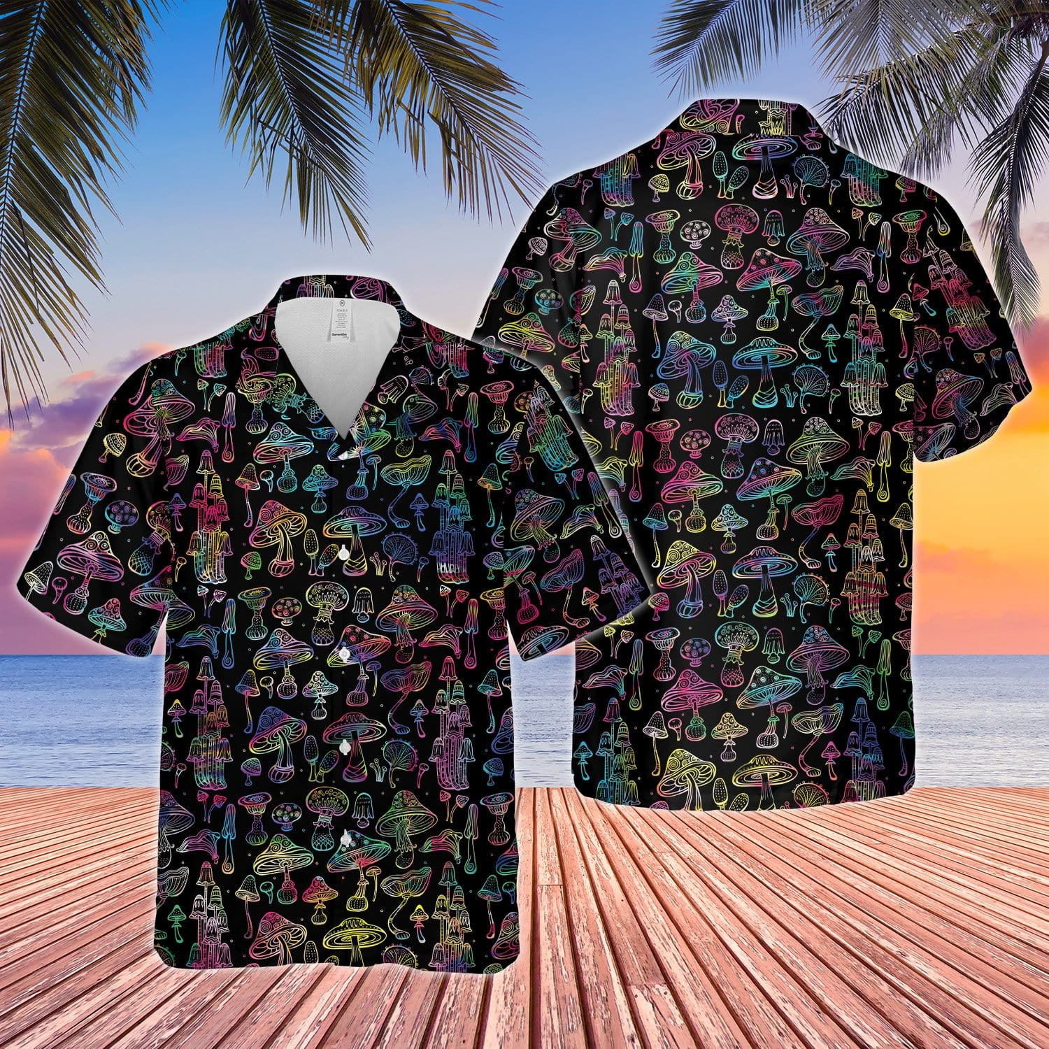 Hologram Hippie Mushroom Black Unisex Hawaiian Shirts