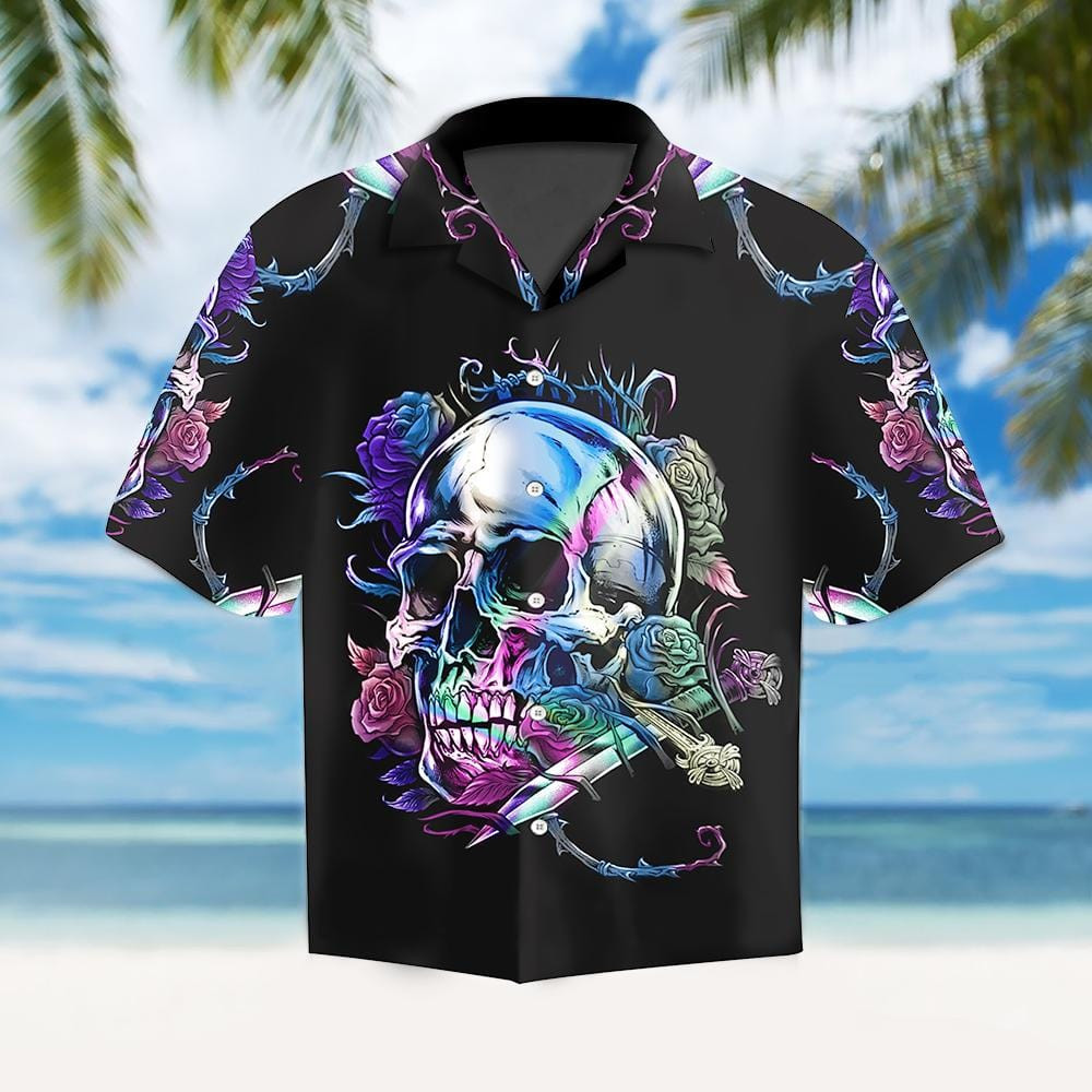 Holographic Skull Rose Thorn Gothic Unisex Hawaiian Aloha Shirts Dh
