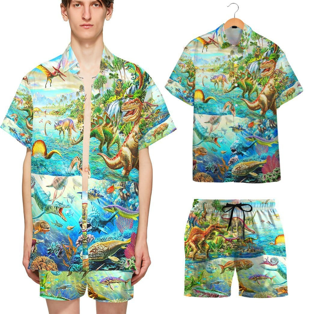 Ice Age Dinosaur T-Rex Tropical Island Hawaiian Shirts Swim Trunks Beach Shorts Dh