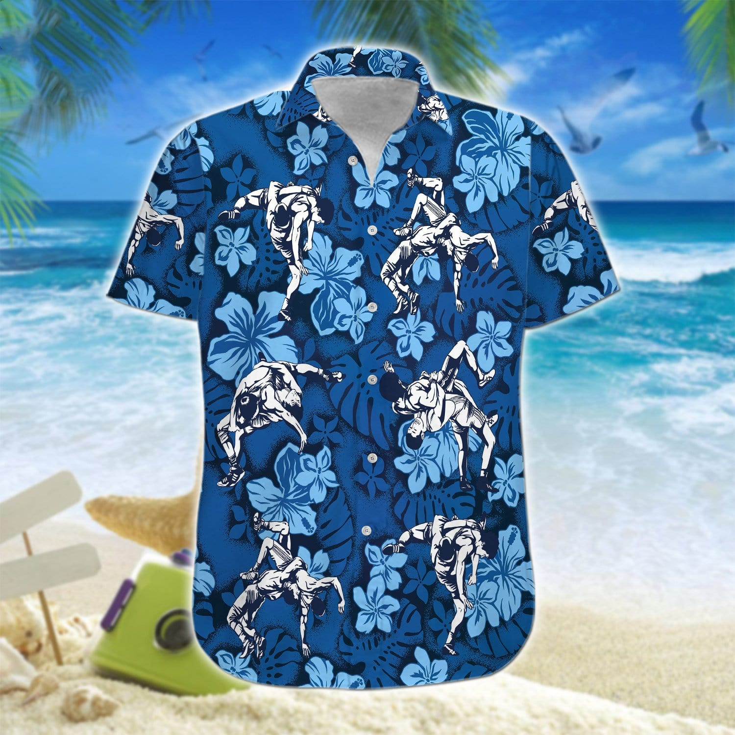 Meet Defeat Repeat Wrestling Navy Hibiscus Pattern Unisex Hawaiian Shirts - Beach Shorts