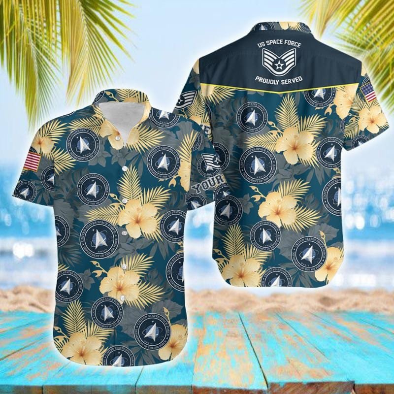 Personalized Name And Rank Proudly Served Us Space Force Unisex Hawaiian Shirts