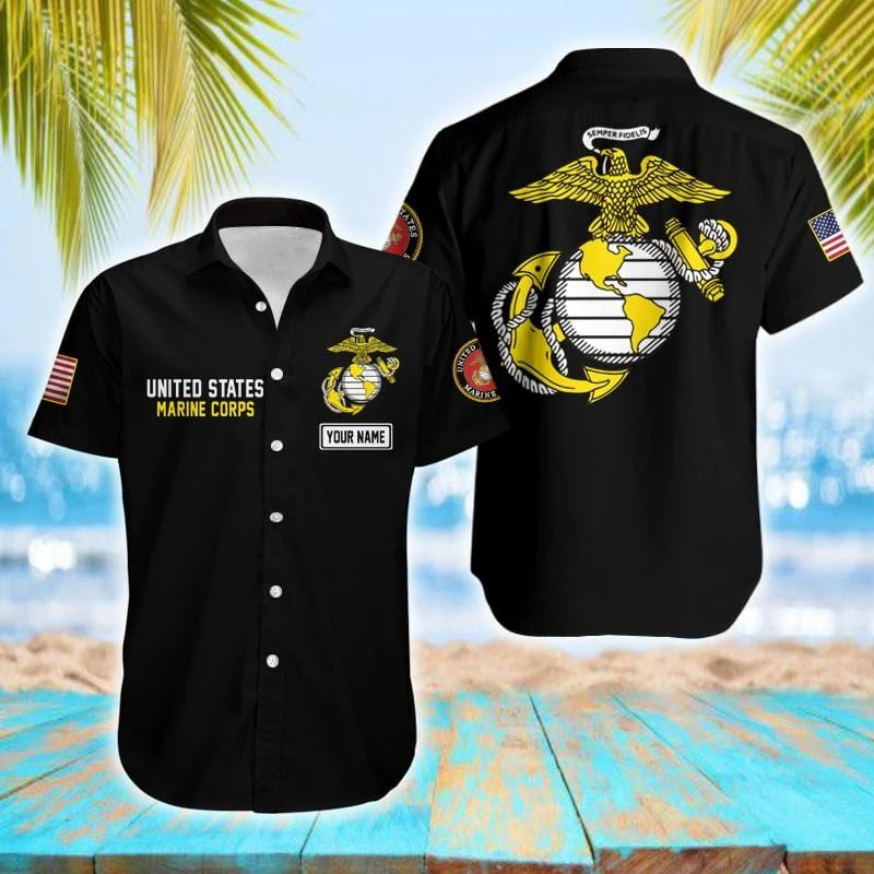 Personalized Name Black Us Marine Corps Unisex Hawaiian Shirts