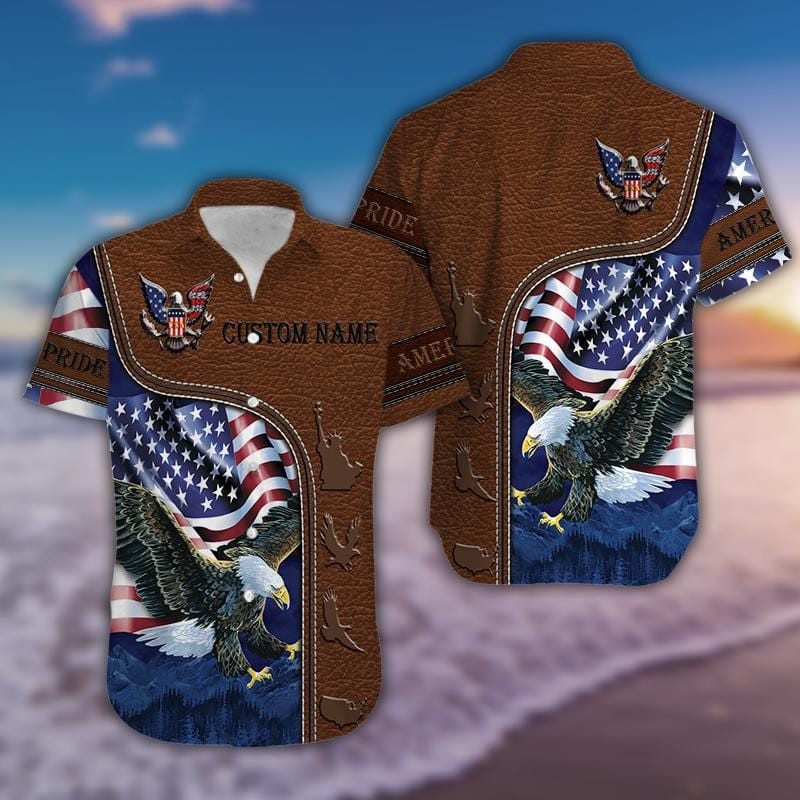 Personalized Name Patriot Eagle Leather Pattern Unisex Hawaiian Shirts