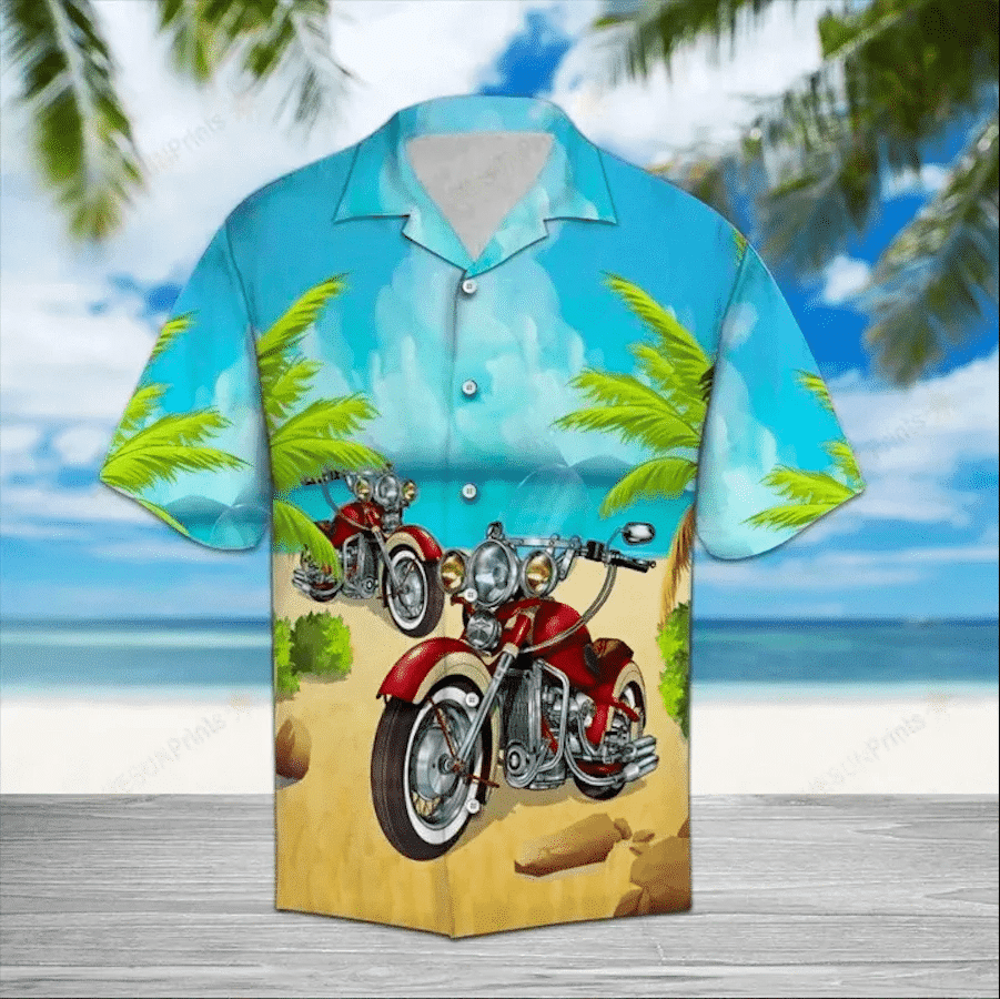 Red Motorcycle On The Beach Blue Unisex Hawaiian Shirts