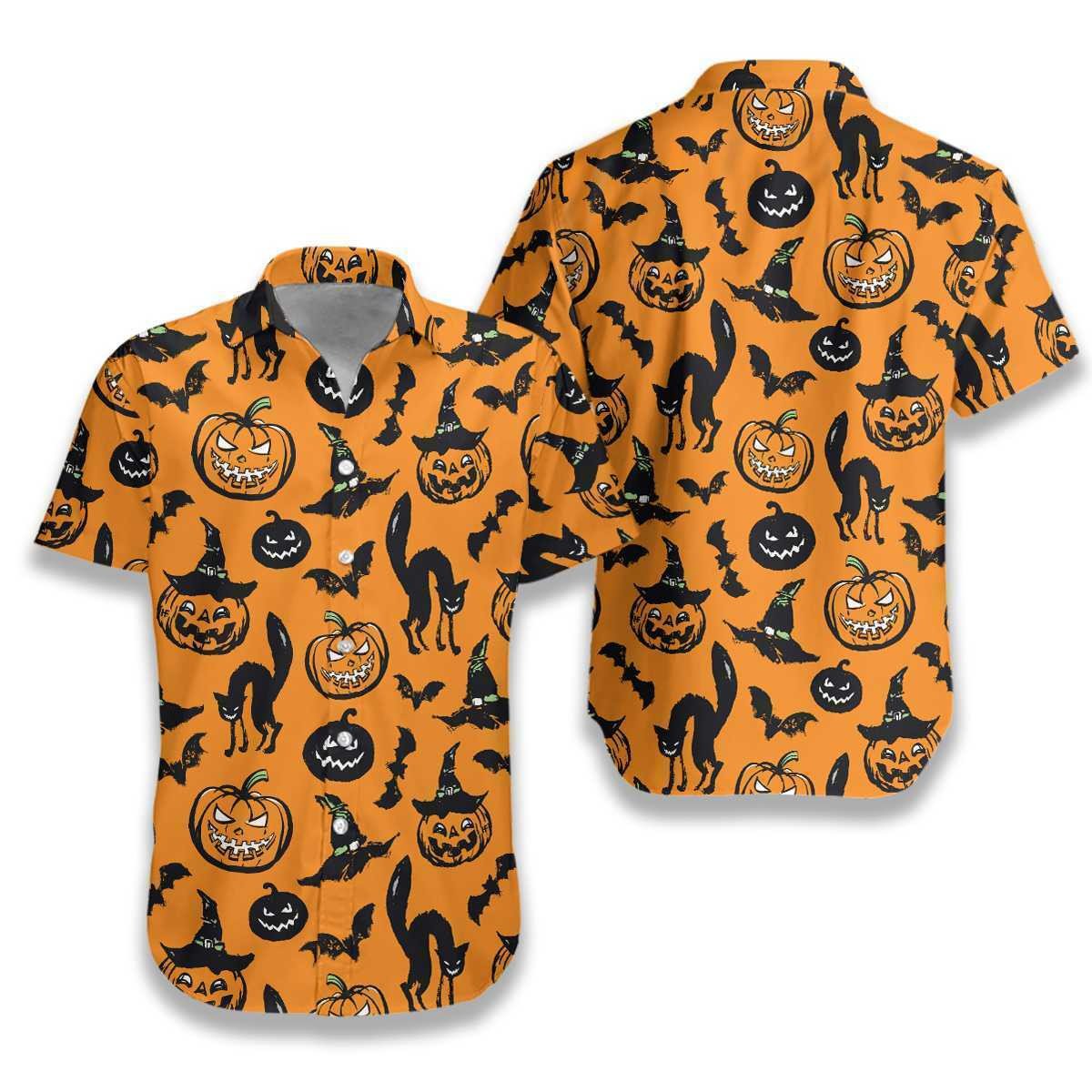 Scary Halloween Black Cat Pumpkin And Bat Orange Unisex Hawaiian Shirts