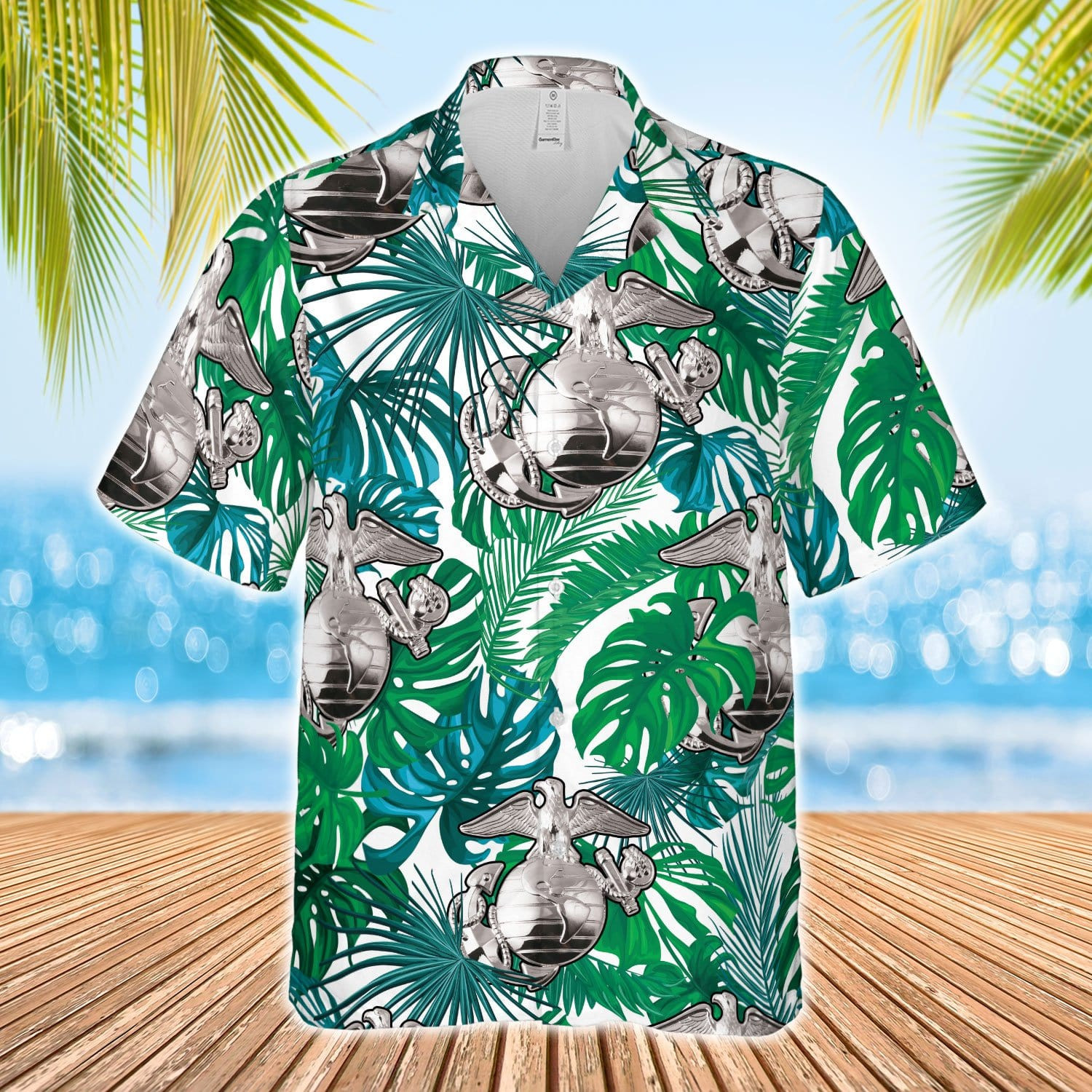 Silver Us Marine Corps Logo Green Leaves Summer Tropical Unisex Hawaiian Shirts