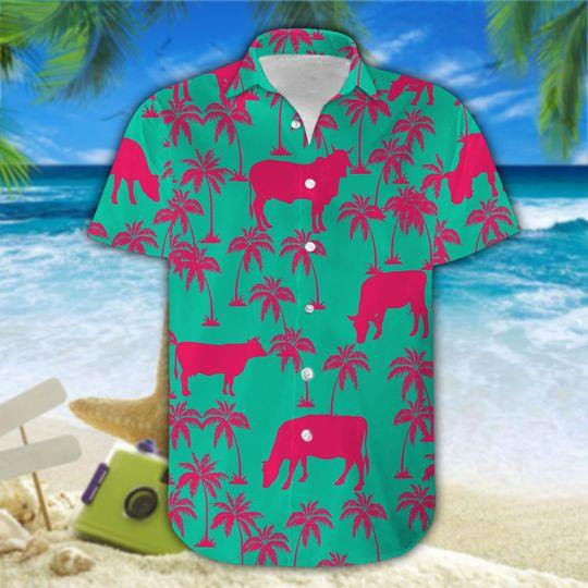 Simple Cattle Pink Green Unisex Hawaiian Shirts - Beach Shorts