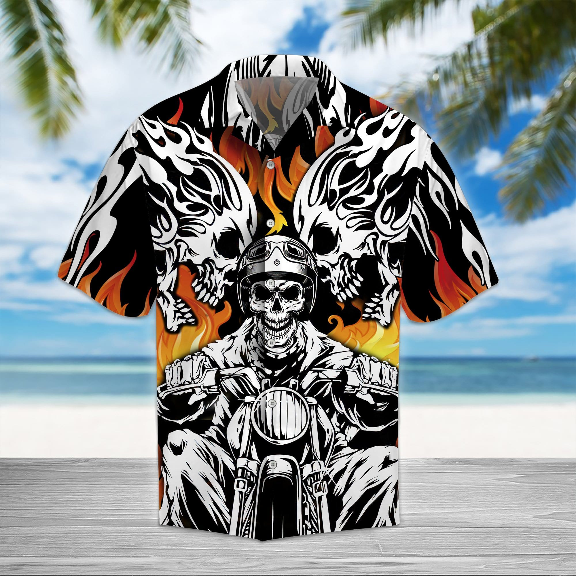 Skull Biker Motorcycles Racing On Fire Hawaiian Aloha Shirts Kv