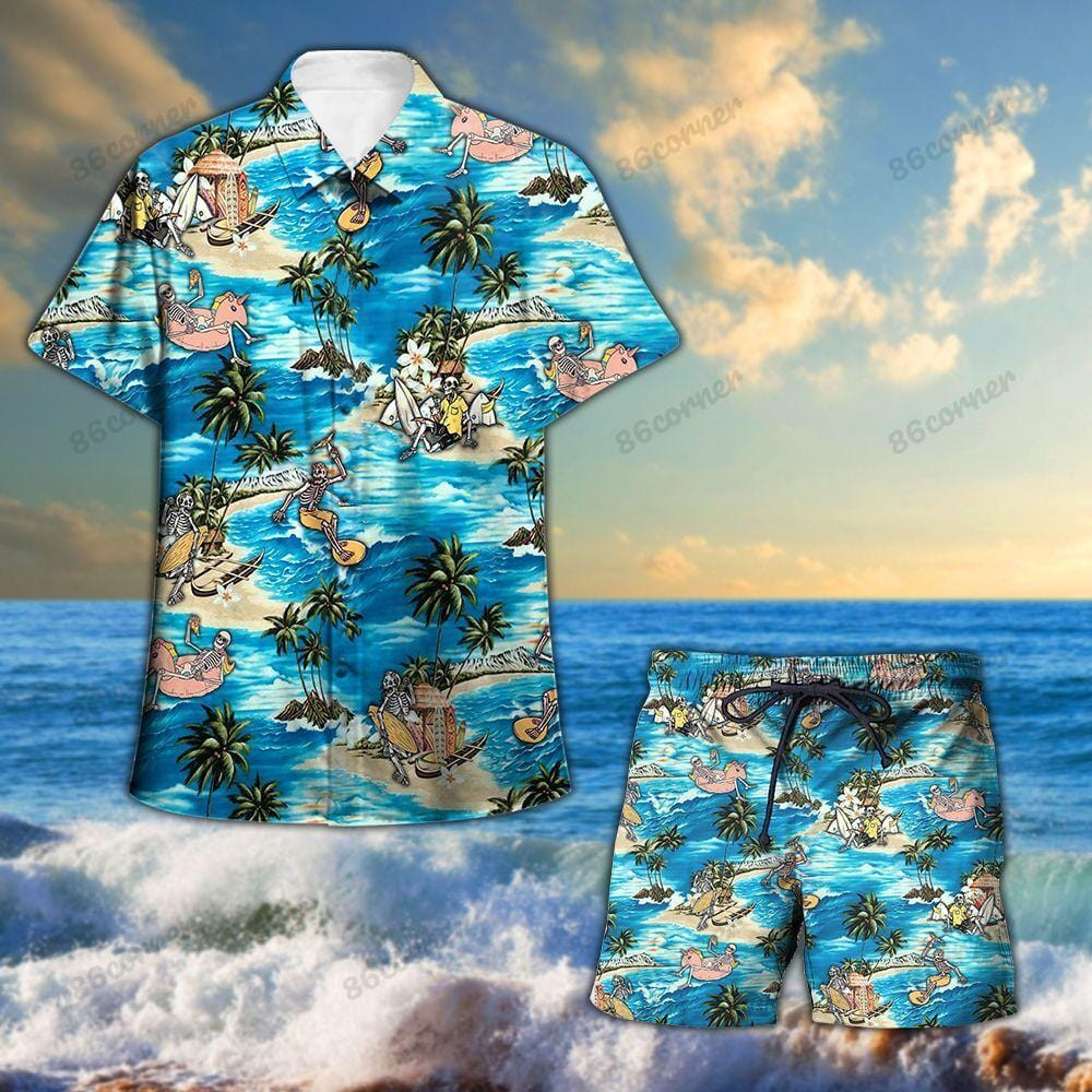 Skull Surfing Summer Aloha Hawaiian Shirts Swim Trunks Beach Shorts Dh