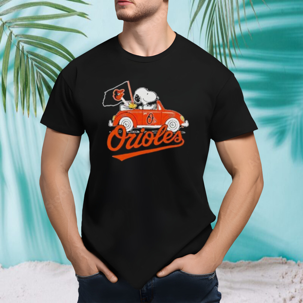 Snoopy Drives Car With Baltimore Orioles Flag Shirt