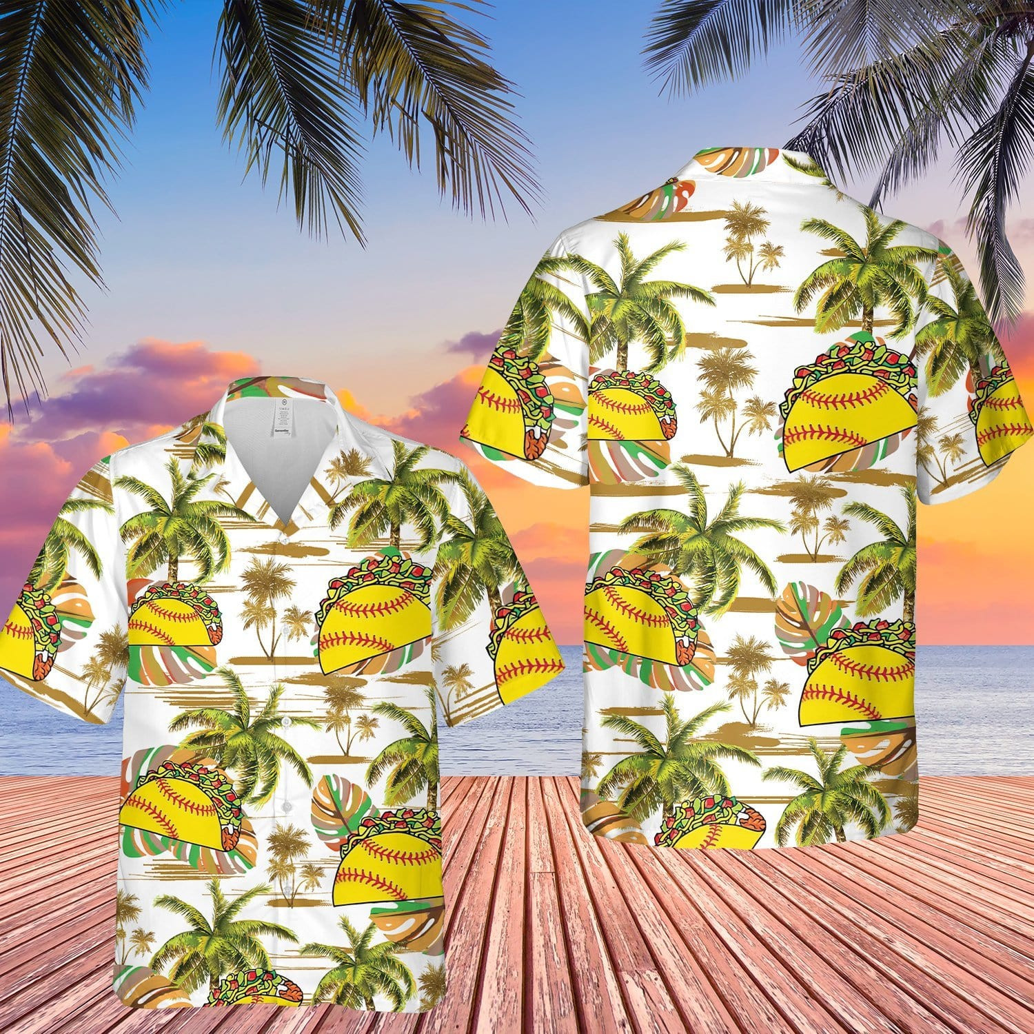 Softball And Tacos Palm Tree White Pattern Unisex Hawaiian Shirts