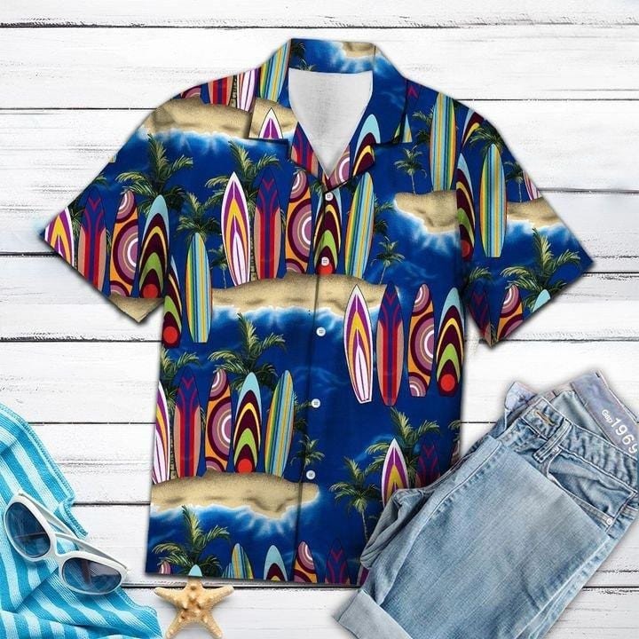 Summer Surfboard Palm Tree Hawaiian Aloha Shirts Dh